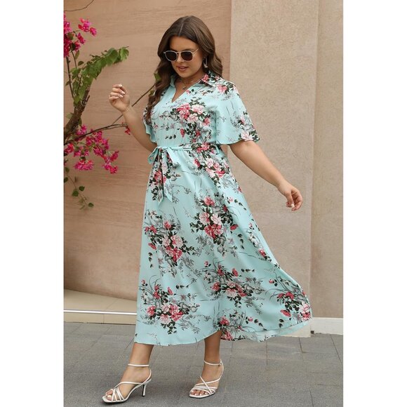 Plus Size Wedding Guest Dress Floral Maxi 3/4 Sleeve Pockets V-Neck - Picture 7 of 7